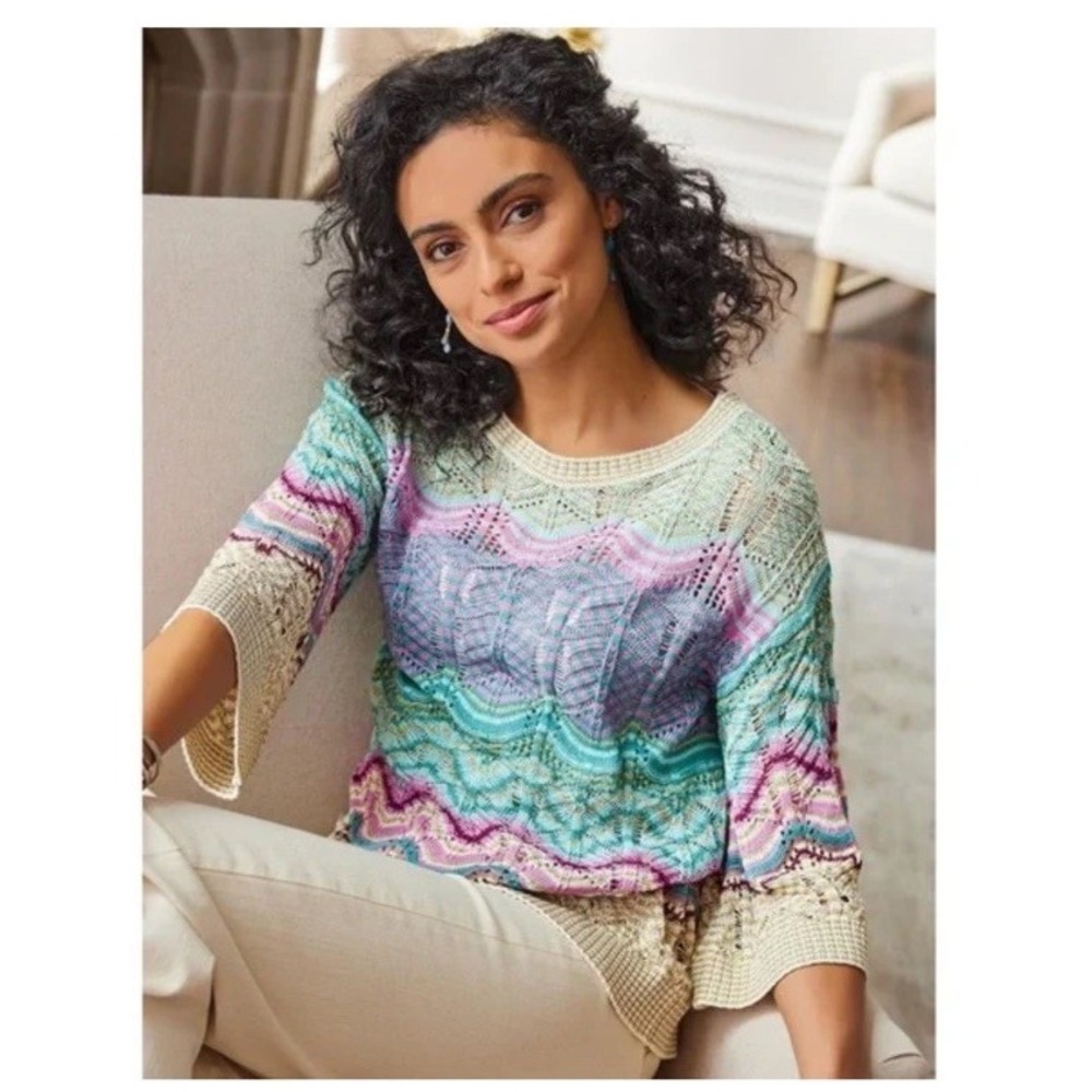 Soft Surroundings Sweater 1X‎ Open Weave Bell Sleeve Boho Knit Tunic Metallic